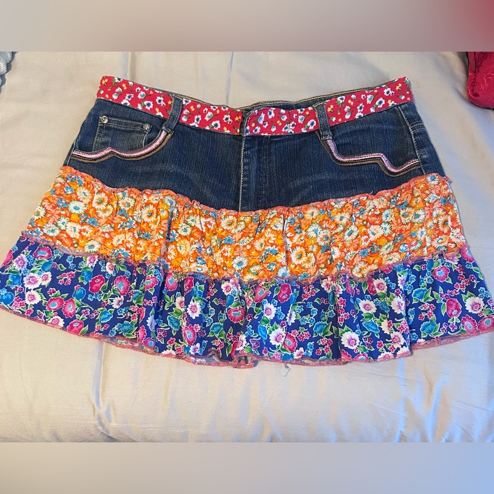 Second Nature Patchwork Denim Mini Skirt Floral R… - image 1